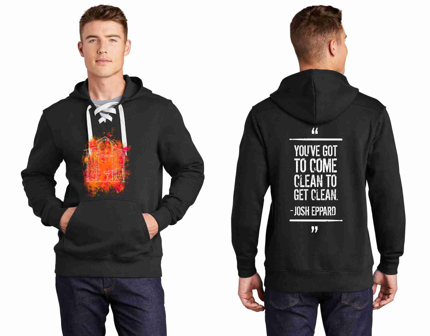 DSC "Confessional" Sport-Tek Lace Up Pullover Hooded Sweatshirt (100% of profits fuel outreach and donations to addiction/recovery causes.)