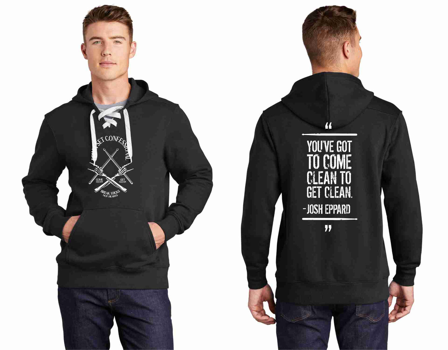 DSC "Bones" Black Sport-Tek Lace Up Pullover Hooded Sweatshirt (100% of profits fuel outreach and donations to addiction/recovery causes.)